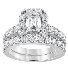 White Gold Emerald Cut Halo Bridal Set | 3.00 Carats Total Weight