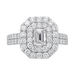 10K White Gold 2.00 Carat Total Weight Double Halo Emerald Cut Engagement Ring