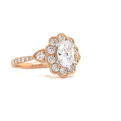 Rose Gold Oval Halo Diamond Art Deco Engagement Ring | 0.62 Carat Total Weight
