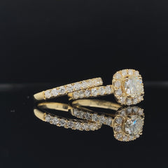 Yellow Gold Round Diamond & Cushion Halo Engagement Ring Set | 1.93 Carat Total Weight