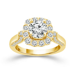 Yellow Gold Cushion Halo Round Center Engagement Ring | 1.50 Carat Total Weight