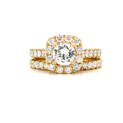 Yellow Gold Round Diamond & Cushion Halo Engagement Ring Set | 1.93 Carat Total Weight