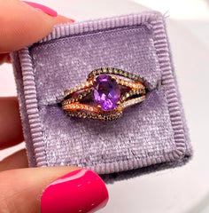 Rose Gold Oval Amethyst & Chocolate Diamonds Fancy Ring | 2.87 Carat Total Weight