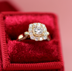 Yellow Gold Cushion Halo Round Center Engagement Ring | 1.50 Carat Total Weight