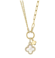 Yellow Gold Mother Of Pearl & Diamonds Clover Paper Clip Link Necklace |