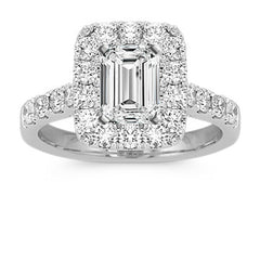 White Gold Emerald Cut Halo Engagement Ring | 2.00 Carat Total Weight