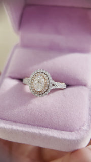 White & Rose Gold Double Halo Oval Engagement Ring | 1.61 Carat Total. Weight