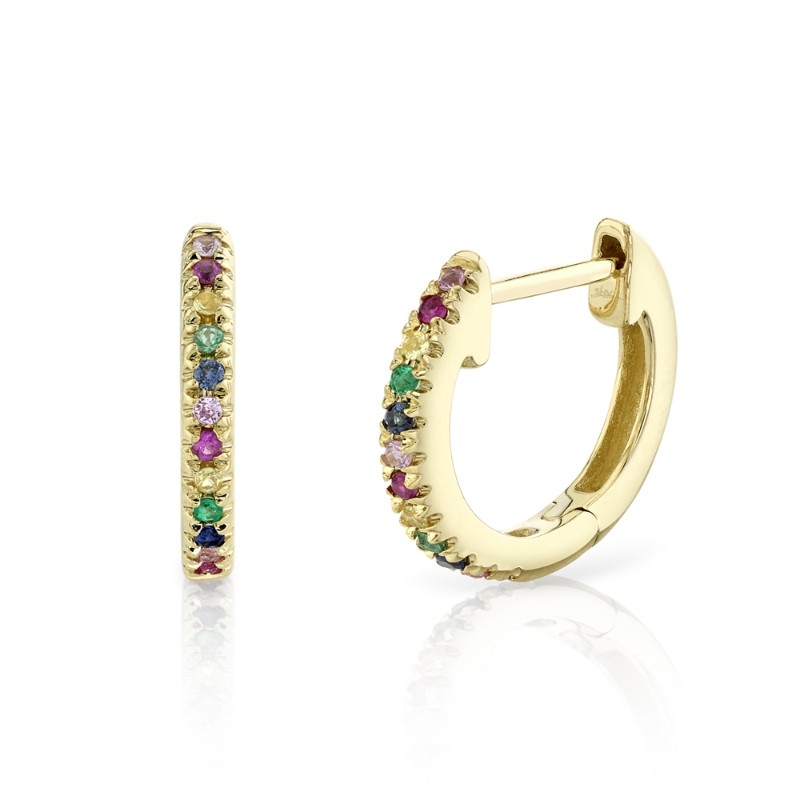 0.08Ct 14K Yellow Gold  Multi-Color Stone Huggie Earrings
