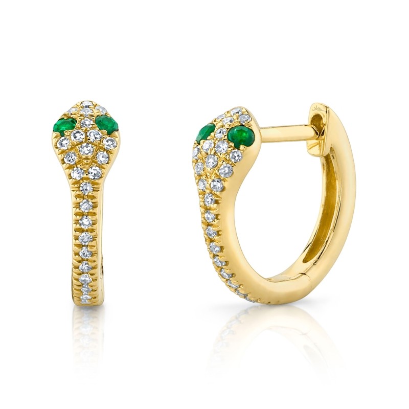 0.11Ct Diamond & 0.07Ct Emerald 14K Yellow Gold Snake Huggie Earrings