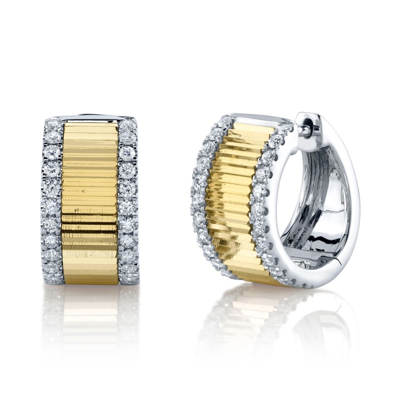 0.46Ct 14K Two Tone White And Yellow Gold Diamond Ribbed Huggie Earrings