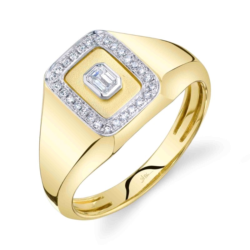 0.17Ct 14K Yellow Gold Diamond Emerald Bezel Matte Signet Ring
