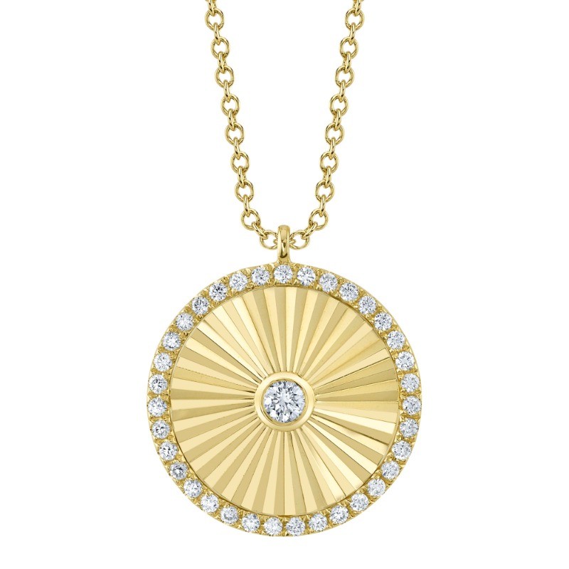 0.32Ct 14K Yellow Gold Diamond Bezel Ribbed Circle Necklace