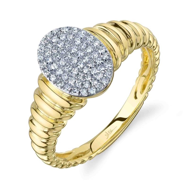 0.17Ct 14K Yellow Gold Diamond Pave Ribbed Oval Signet Ring