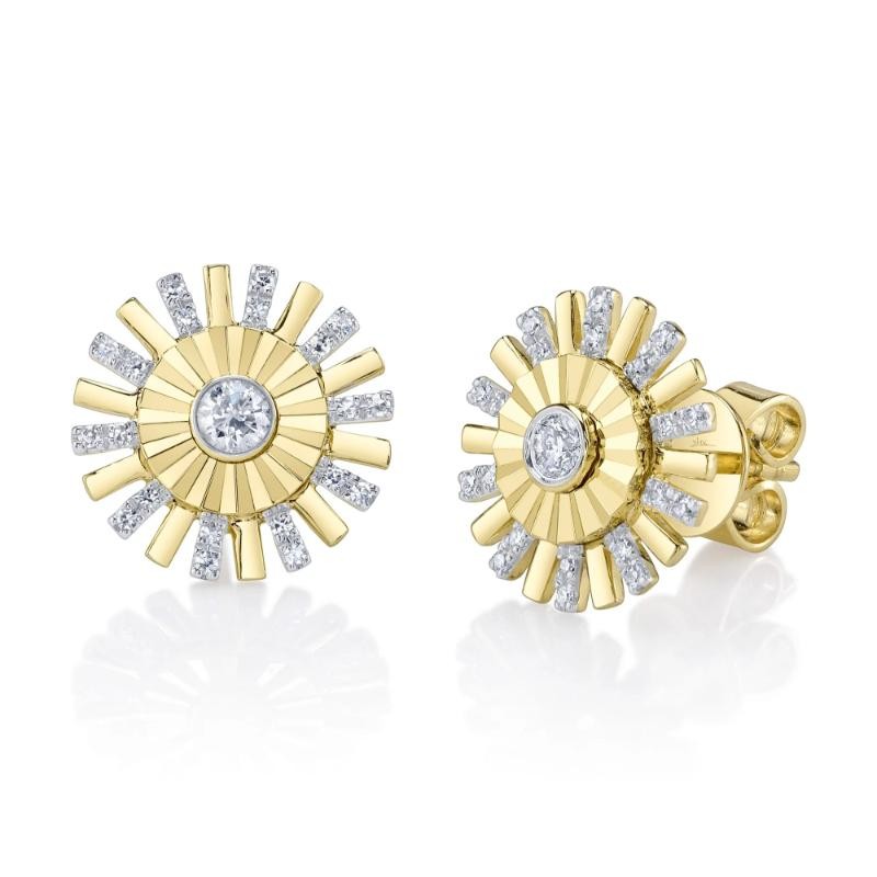 0.22Ct 14K Yellow Gold Diamond Bezel Ribbed Stud Earrings
