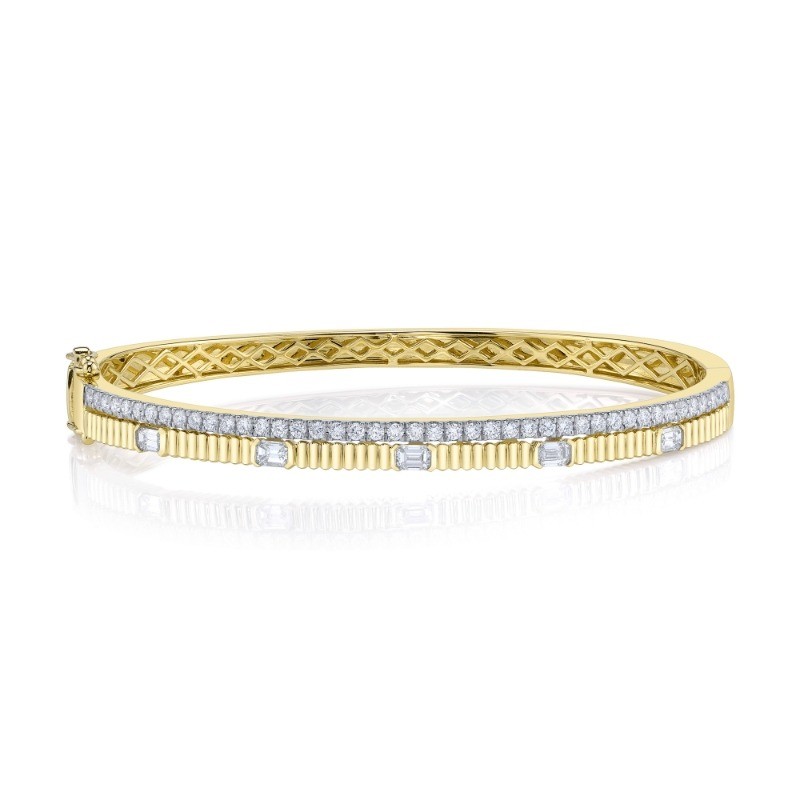 1.13Ct 14K Yellow Gold Diamond Emerald Ribbed Bangle