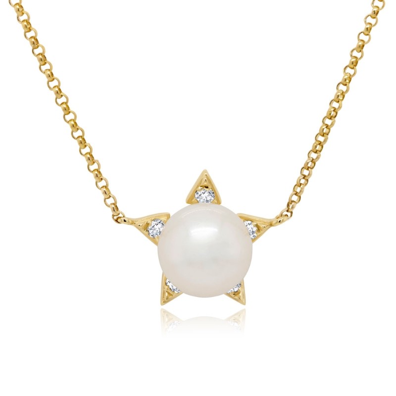 0.06Ct 14K Yellow Gold Diamond & Cultured Pearl Star Necklace