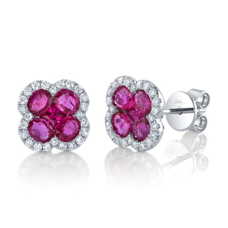 0.33Ct Diamond & 2.03Ct Ruby 14K White Gold Clover Stud Earrings