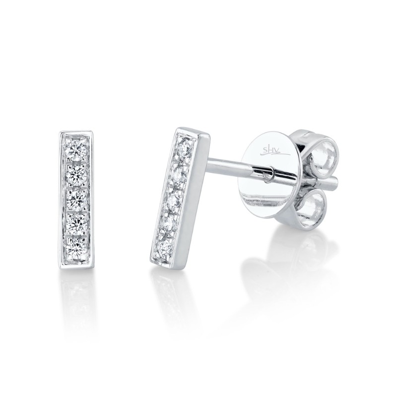 0.08Ct 14K White Gold Diamond Bar Stud Earrings