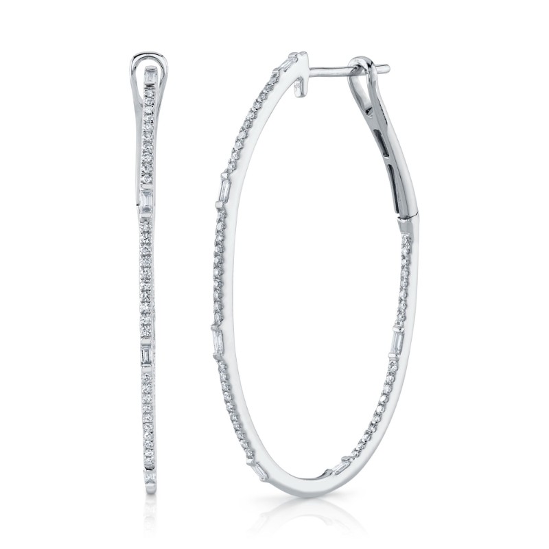 0.44Ct 14K White Gold Diamond Baguette Oval Hoop Earrings