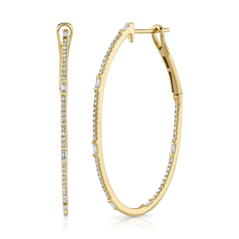 0.44Ct 14K Yellow Gold Diamond Baguette Oval Hoop Earrings