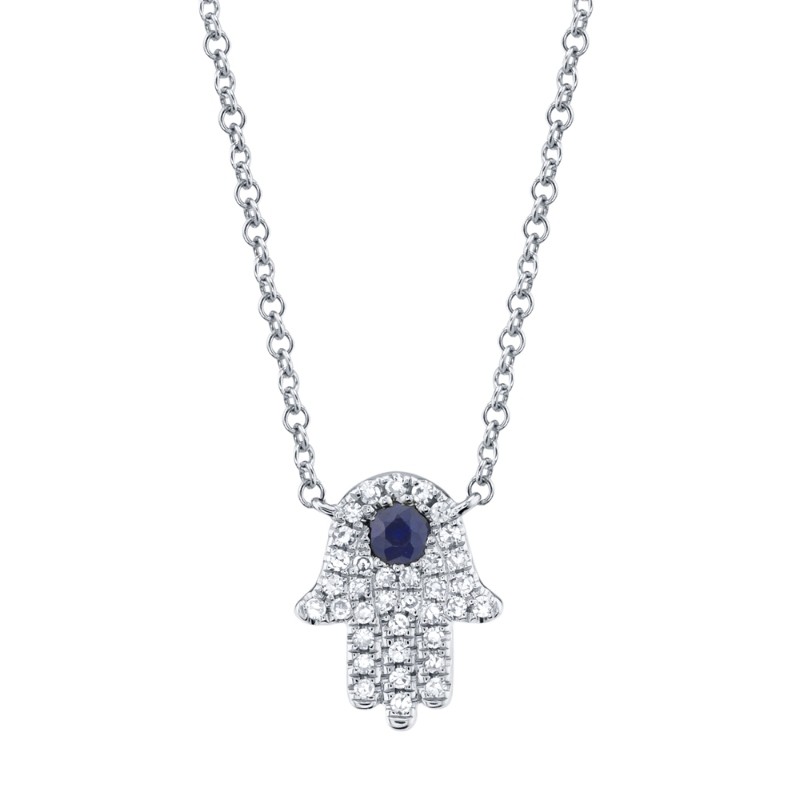 0.09Ct Diamond & 0.08Ct Blue Sapphire 14K White Gold Hamsa Necklace