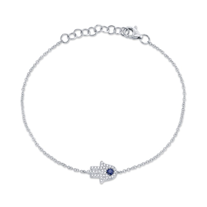 0.09Ct Diamond & 0.08Ct Blue Sapphire 14K White Gold Hamsa Bracelet
