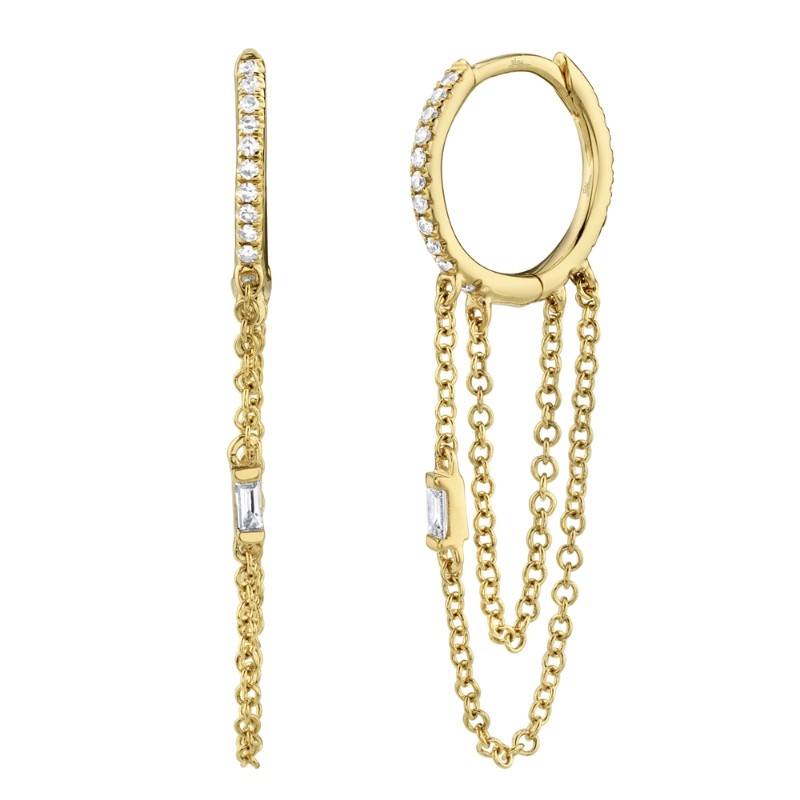 0.18Ct 14K Yellow Gold Diamond Baguette Huggie Chain Earrings