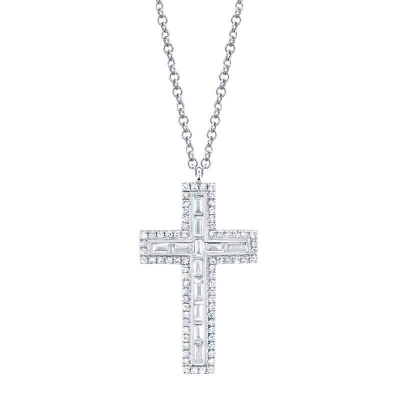 0.31Ct 14K White Gold Diamond Baguette Cross Necklace