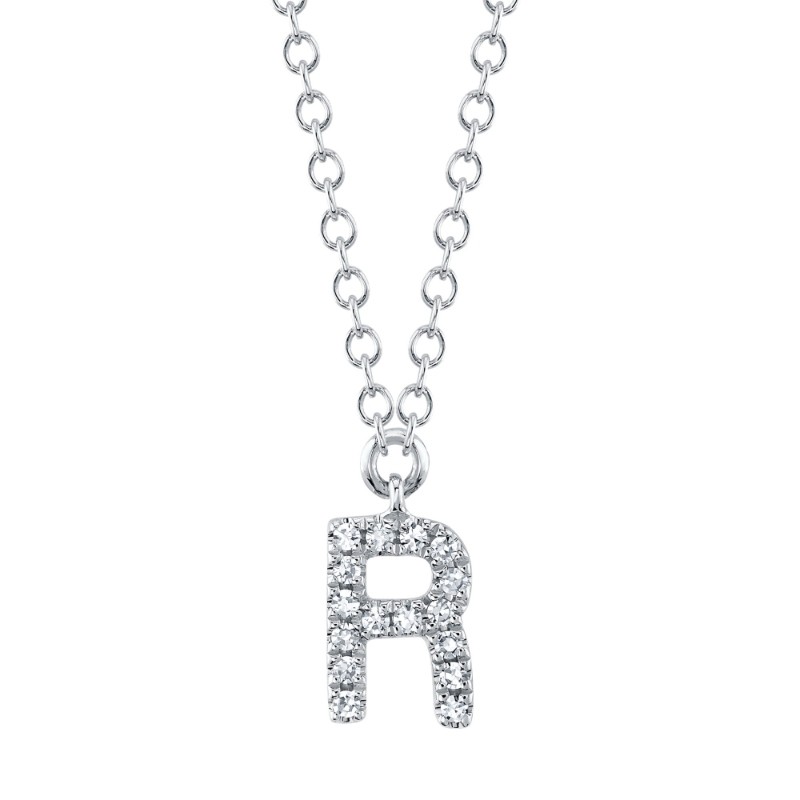 0.05Ct 14K White Gold Diamond Necklace - Initial R