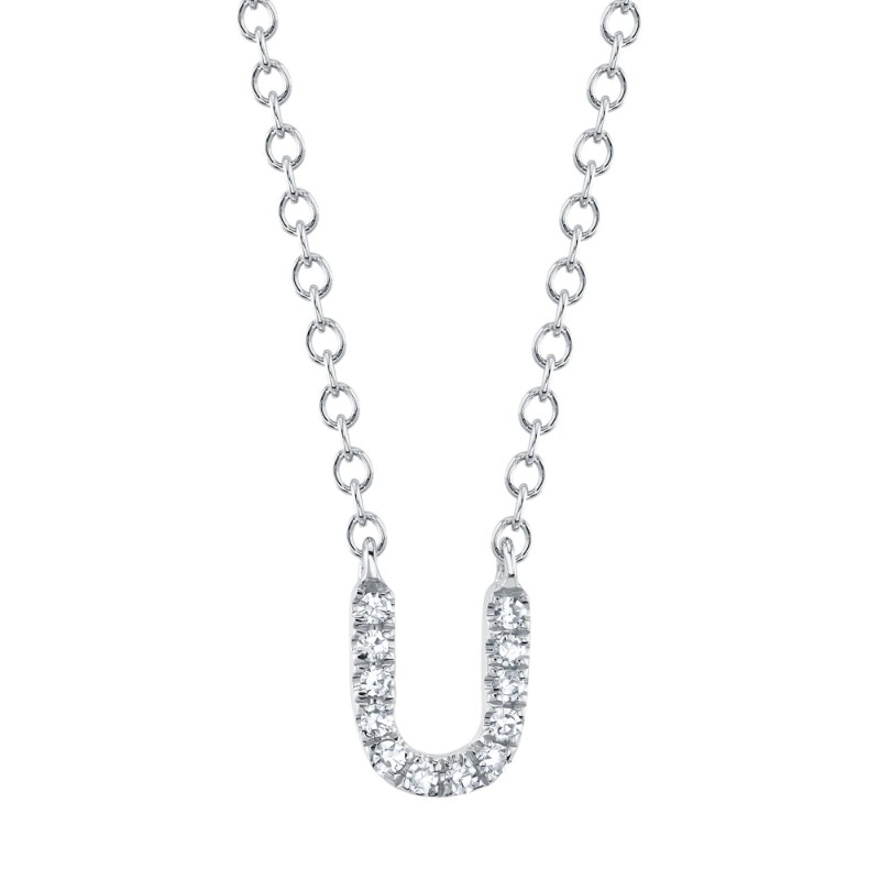 0.04Ct 14K White Gold Diamond Necklace - Initial U