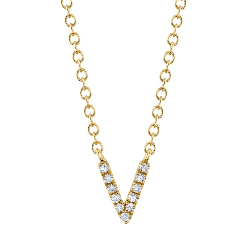 0.03Ct 14K Yellow Gold Diamond Necklace - Initial V