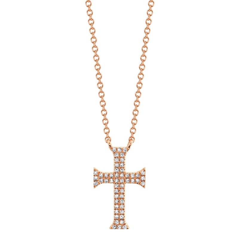 0.12Ct 14K Rose Gold Diamond Pave Cross Necklace