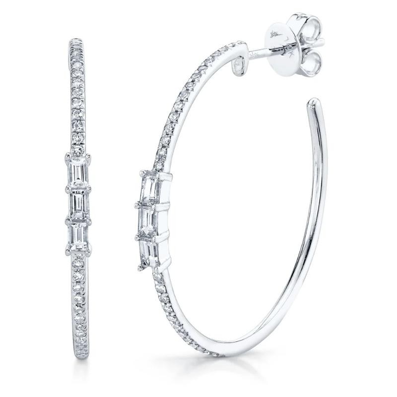 0.39Ct 14K White Gold Diamond Baguette Hoop Earrings