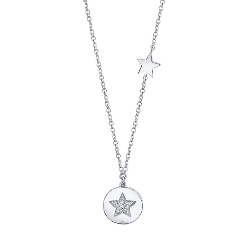 0.03Ct 14K White Gold Diamond Pave Star Disc Necklace