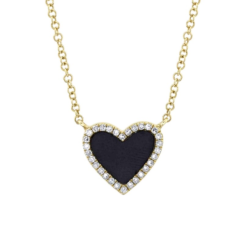 0.09Ct Diamond & 0.59Ct Black Onyx 14K Yellow Gold Heart Necklace