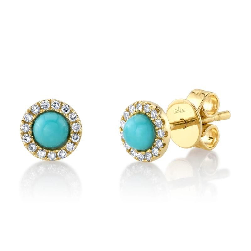 0.10Ct Diamond & 0.23Ct Composite Turquoise 14K Yellow Gold Stud Earrings