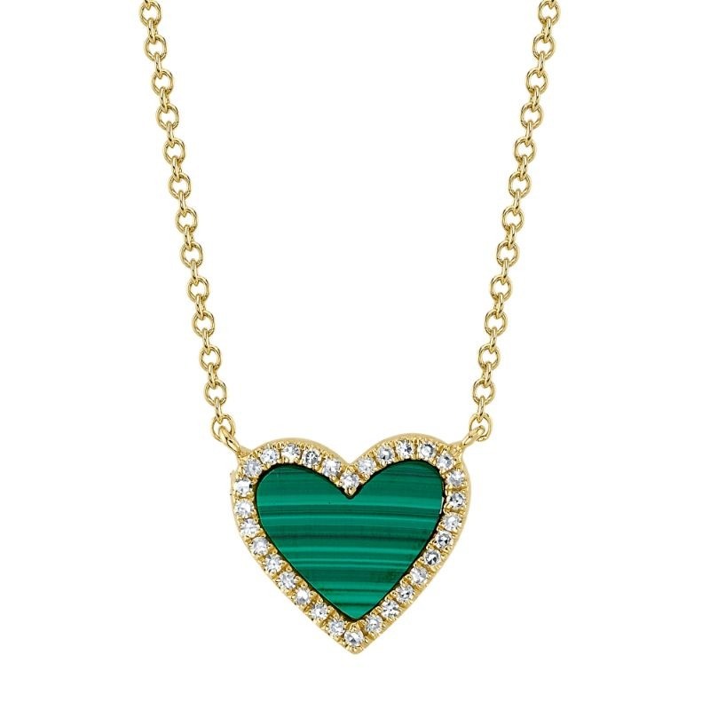 0.09Ct Diamond & 0.81Ct Malachite 14K Yellow Gold Heart Necklace