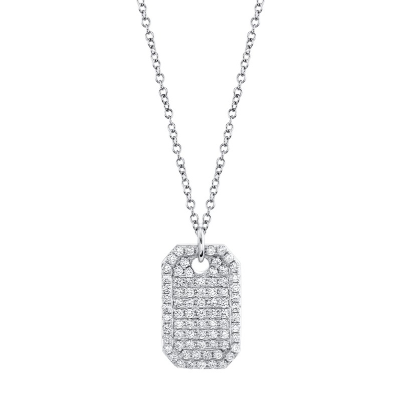 A Lady'S 14K White Dog Tag Necklace Set With Diamonds Weighing .90 Carat Total.