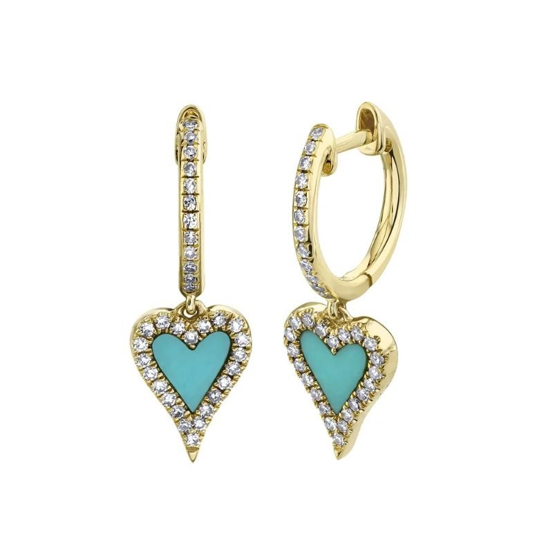 0.21Ct Diamond & 0.36Ct Composite Turquoise 14K Yellow Gold Heart Earrings