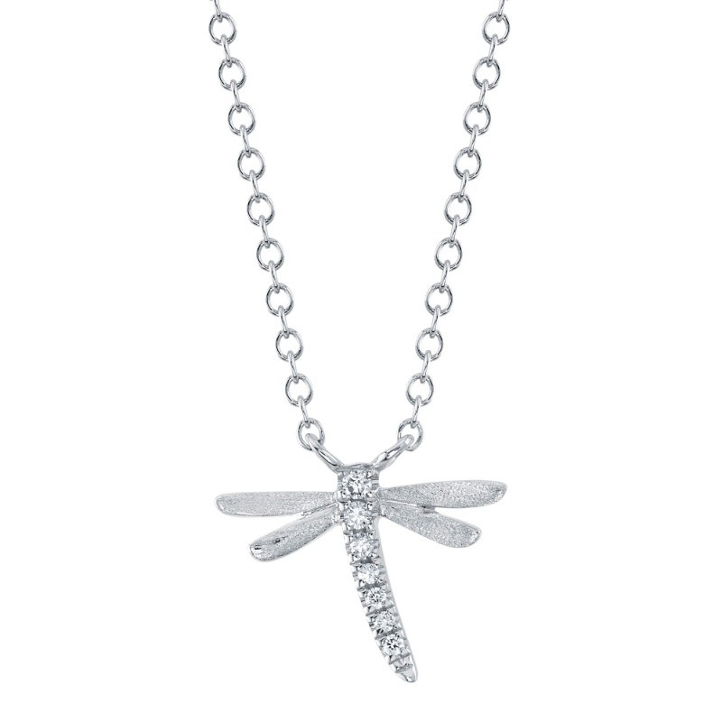 0.03Ct 14K White Gold Diamond Dragonfly Matte Necklace