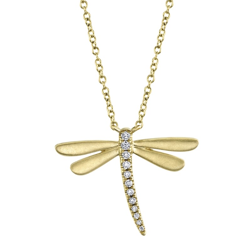 0.08Ct 14K Yellow Gold Diamond Dragonfly Matte Necklace