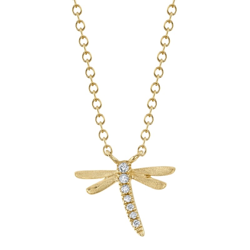 0.03Ct 14K Yellow Gold Diamond Dragonfly Matte Necklace