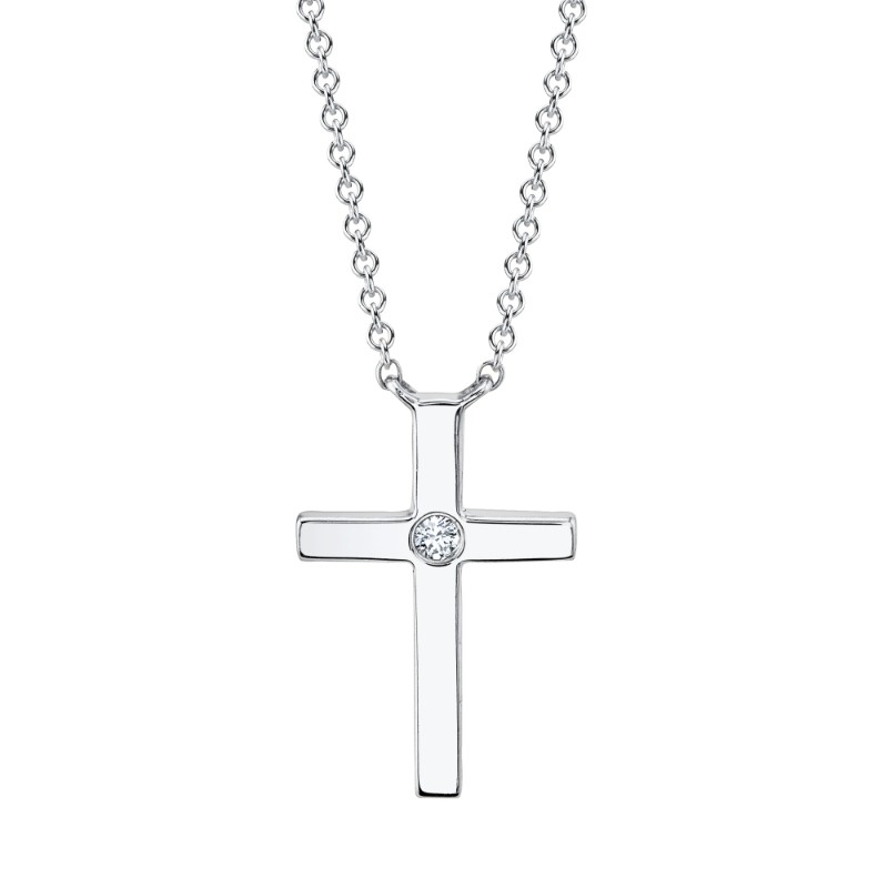 0.03Ct 14K White Gold Diamond Bezel Cross Necklace