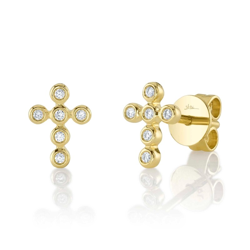 0.07Ct 14K Yellow Gold Diamond Bezel Cross Stud Earrings