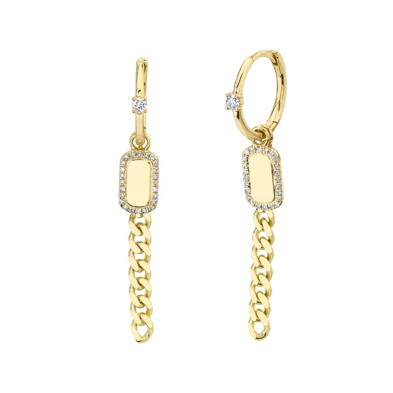 0.20Ct 14K Yellow Gold Diamond Dog Tag Link Huggie Earrings