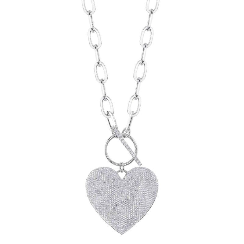 1.99Ct 14K White Gold Diamond Pave Heart Paper Clip Link Necklace