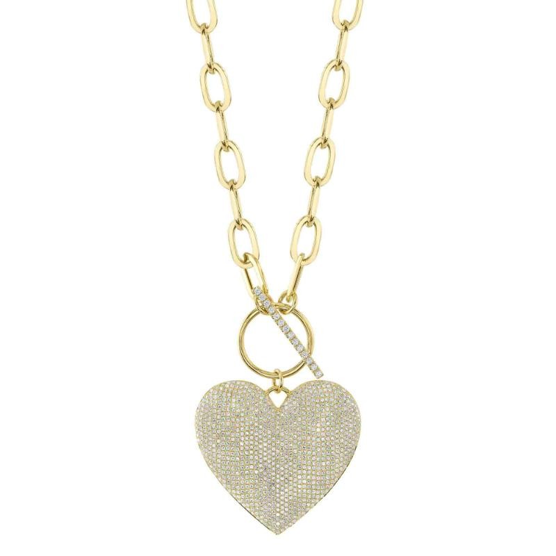 1.99Ct 14K Yellow Gold Diamond Pave Heart Paper Clip Link Necklace