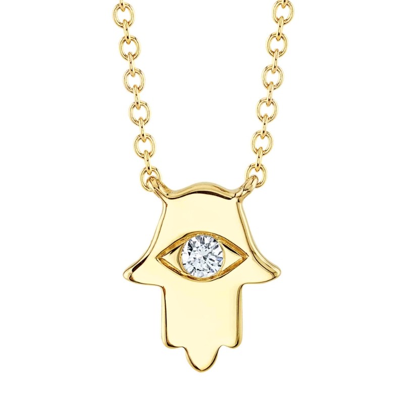 0.04Ct 14K Yellow Gold Diamond Eye Hamsa Necklace