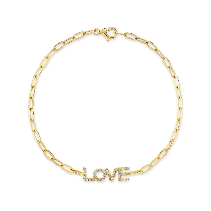 0.12Ct 14K Yellow Gold Diamond Love Paper Clip Link Bracelet