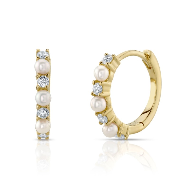 0.14Ct 14K Yellow Gold Diamond & Cultured Pearl Huggie Earrings